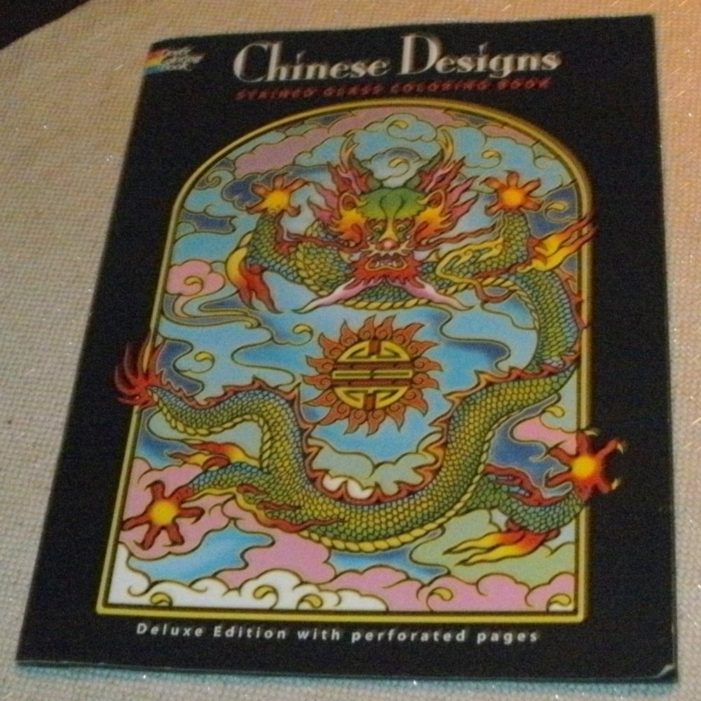 Deluxe Edition Gorgeous CHINESE DESIGNS STAINED GLASS COLORING BOOK  ~ New